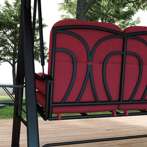 3 Seater Porch Swing Heavy Duty Outdoor Swing Chair Outdoor Lounge Hammock Cushioned Seat w/ Tilt Canopy, Wine Red