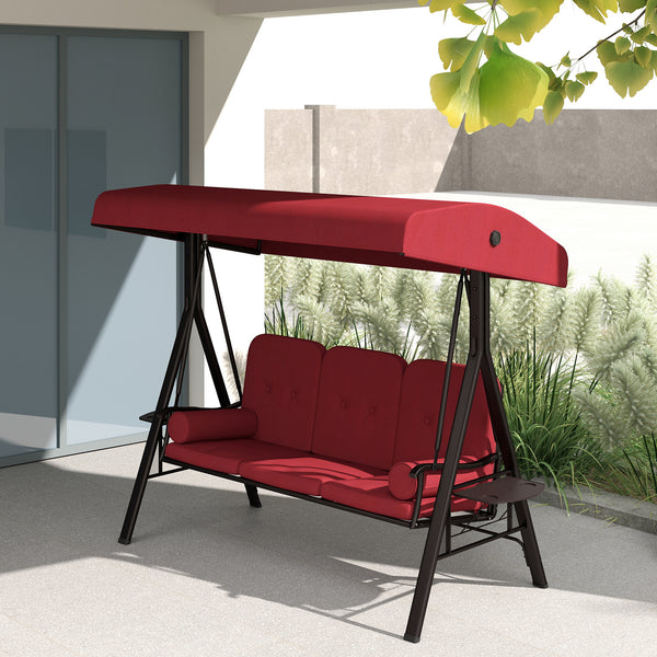 3 Seater Porch Swing Heavy Duty Outdoor Swing Chair Outdoor Lounge Hammock Cushioned Seat w/ Tilt Canopy, Wine Red