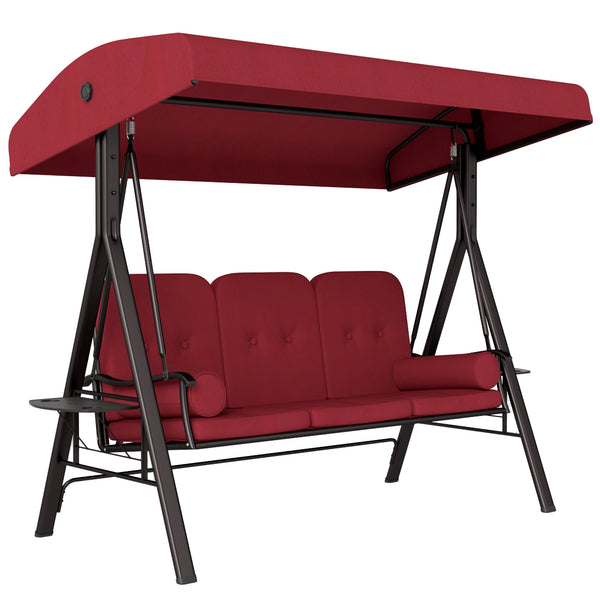 3 Seater Porch Swing Heavy Duty Outdoor Swing Chair Outdoor Lounge Hammock Cushioned Seat w/ Tilt Canopy, Wine Red