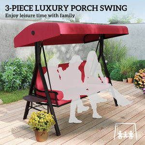 3 Seater Porch Swing Heavy Duty Outdoor Swing Chair Outdoor Lounge Hammock Cushioned Seat w/ Tilt Canopy, Wine Red