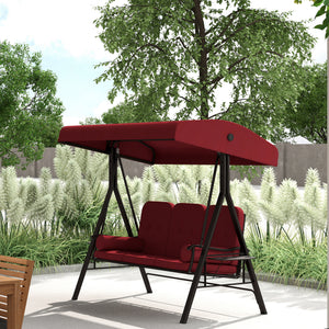 3 Seater Porch Swing Heavy Duty Outdoor Swing Chair Outdoor Lounge Hammock Cushioned Seat w/ Tilt Canopy, Wine Red