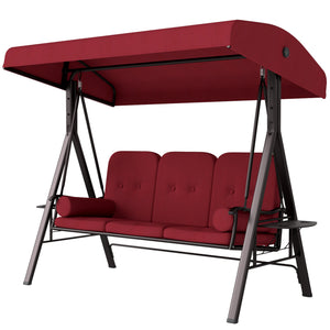 3 Seater Porch Swing Heavy Duty Outdoor Swing Chair Outdoor Lounge Hammock Cushioned Seat w/ Tilt Canopy, Wine Red