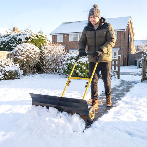 Snow Shovel with Wheels, 29" x 16.5" Heavy Duty Metal Snow Pusher with 5-Level Adjustable Handle, 5-Angle Blade and Non-Slip Grip, for Driveway, Sidewalks, Garden, Deck, Yellow