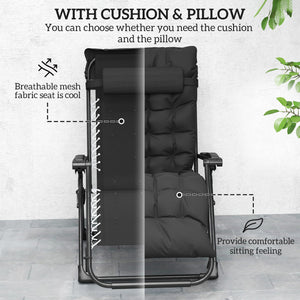 Reclining Zero Gravity Chair with Adjustable Backrest, Folding Garden Sun Lounger with Removable Cushion and Headrest, Set of 2, Black