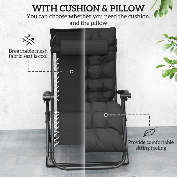 Reclining Zero Gravity Chair with Adjustable Backrest, Folding Garden Sun Lounger with Removable Cushion and Headrest, Set of 2, Black