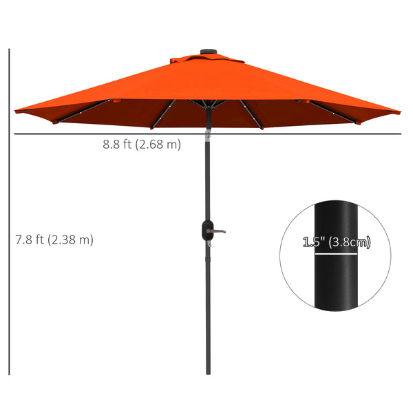9ft Solar Patio Umbrella Outdoor Sunshade 24 LED Lights Tilt Canopy, Orange