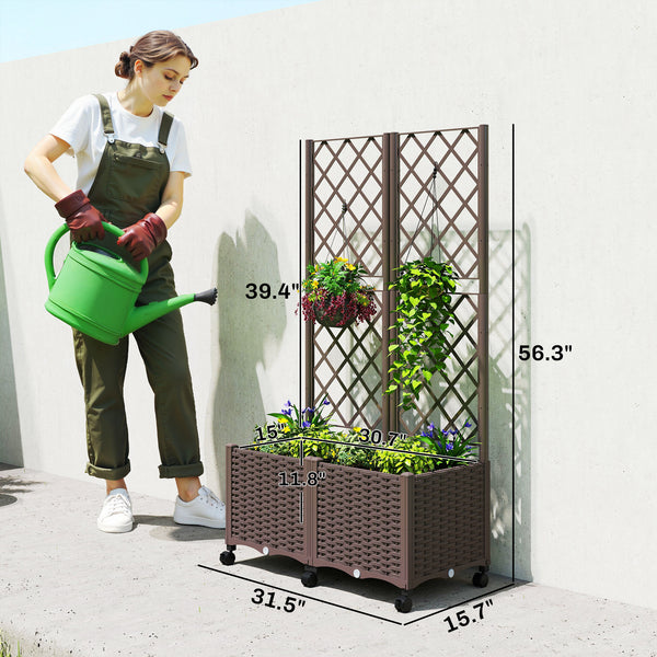 Planter Box with Trellis, Self Watering Raised Garden Bed with Lockable Wheels, 56.3" Trellis Privacy Planter with Drainage Holes for Climbing Plants, Vines, Vegetables, Flowers, Brown