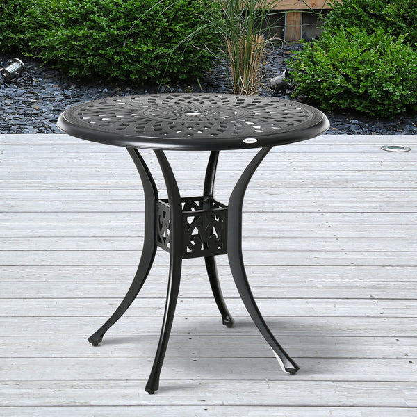 78 cm Round Garden Dining Table with Parasol Hole Antique Cast Aluminium Outdoor Table Only, Black