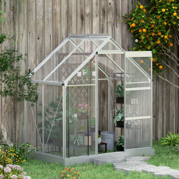 6' x 4' Polycarbonate Greenhouse, Walk-In Greenhouse with Sliding Door, Adjustable Vent, Aluminium Frame and Foundation Kit, Garden Grow House with Rain Gutter, Silver