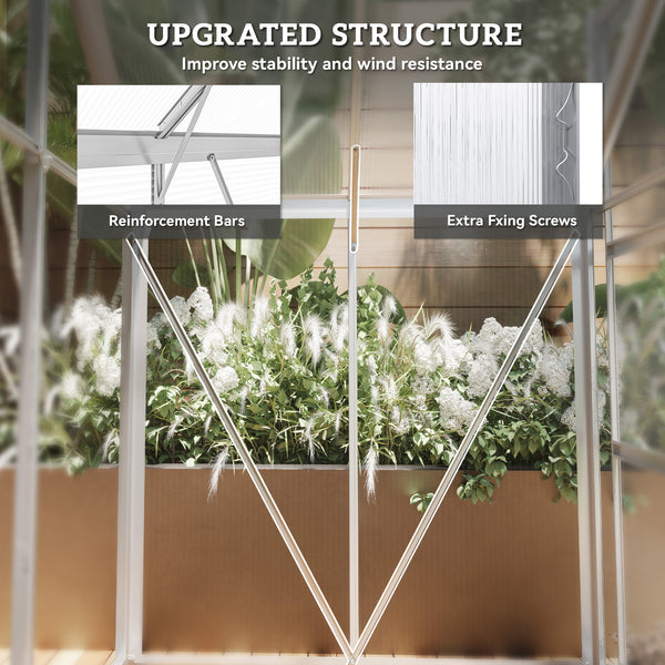 6' x 4' Polycarbonate Greenhouse, Walk-In Greenhouse with Sliding Door, Adjustable Vent, Aluminium Frame and Foundation Kit, Garden Grow House with Rain Gutter, Silver