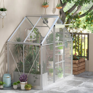 6' x 4' Polycarbonate Greenhouse, Walk-In Greenhouse with Sliding Door, Adjustable Vent, Aluminium Frame and Foundation Kit, Garden Grow House with Rain Gutter, Silver
