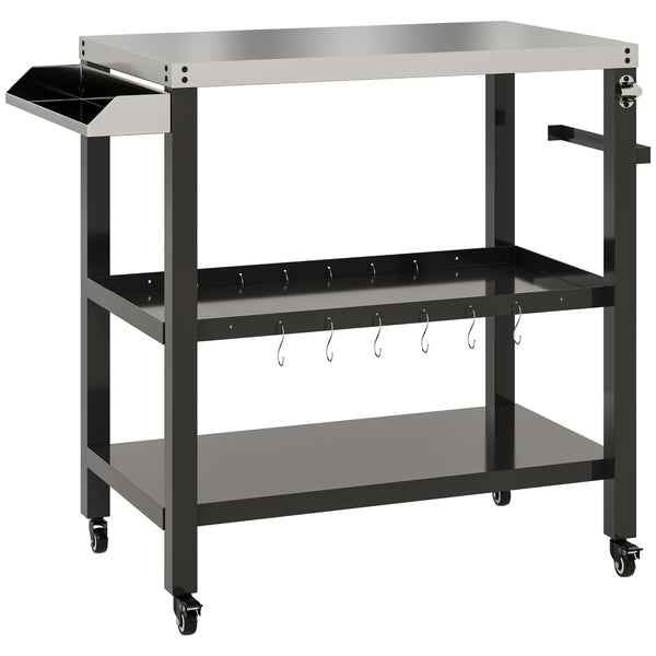 Outdoor Kitchen Prep Station, Three-Shelf Stainless Steel Pizza Oven Stand, Rolling Grill BBQ Cart with Wheels, Movable Outdoor Prep Table with Hooks, Black