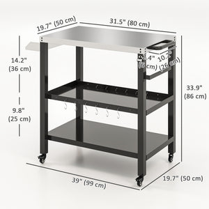 Outdoor Kitchen Prep Station, Three-Shelf Stainless Steel Pizza Oven Stand, Rolling Grill BBQ Cart with Wheels, Movable Outdoor Prep Table with Hooks, Black