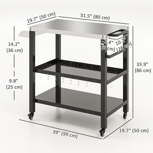 Outdoor Kitchen Prep Station, Three-Shelf Stainless Steel Pizza Oven Stand, Rolling Grill BBQ Cart with Wheels, Movable Outdoor Prep Table with Hooks, Black
