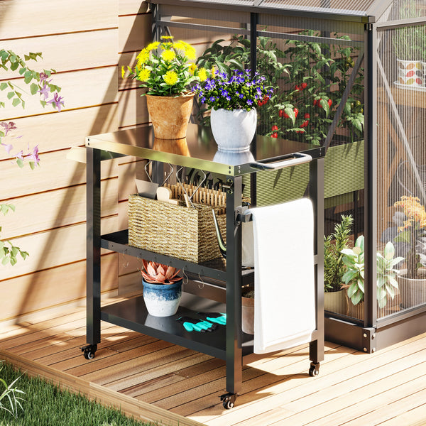 Outdoor Kitchen Prep Station, Three-Shelf Stainless Steel Pizza Oven Stand, Rolling Grill BBQ Cart with Wheels, Movable Outdoor Prep Table with Hooks, Black