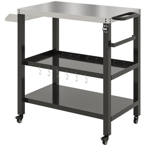 Outdoor Kitchen Prep Station, Three-Shelf Stainless Steel Pizza Oven Stand, Rolling Grill BBQ Cart with Wheels, Movable Outdoor Prep Table with Hooks, Black