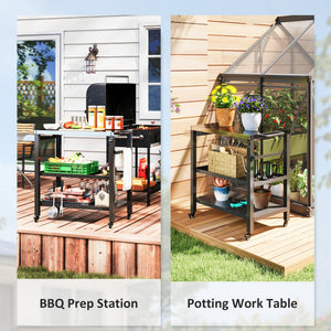 Outdoor Kitchen Prep Station, Three-Shelf Stainless Steel Pizza Oven Stand, Rolling Grill BBQ Cart with Wheels, Movable Outdoor Prep Table with Hooks, Black