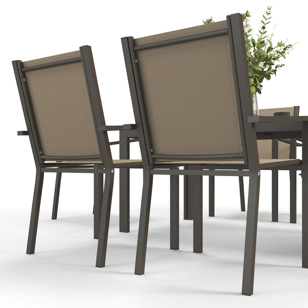 7 Piece Patio Dining Set, Outdoor Dining Table and 6 Stackable Chairs, Metal Patio Furniture Set with WPC Top, Breathable Mesh for Garden, Backyard, Poolside, Khaki