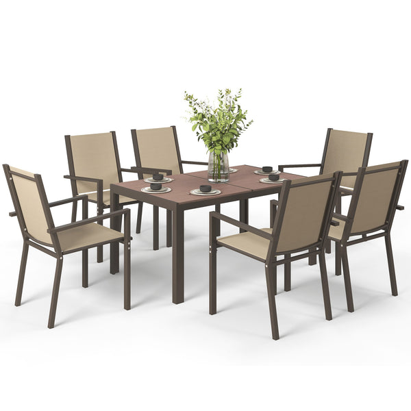 Garden Dining Set for 6, Garden Table and Stackable Chairs, 6 Seater Garden Furniture with Rectangular WPC Top Dining Table and Texteline Fabric for Outdoor, Patio, Khaki
