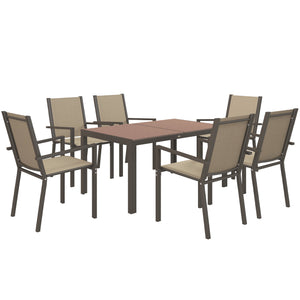 7 Piece Patio Dining Set, Outdoor Dining Table and 6 Stackable Chairs, Metal Patio Furniture Set with WPC Top, Breathable Mesh for Garden, Backyard, Poolside, Khaki