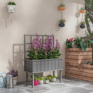 Wooden Raised Planter with Trellis for Vine Climbing Plants, Elevated Garden Bed with Drainage Holes and Bed Liner for Vegetables, Flowers, Herbs, 105 x 45 x 140cm, Grey