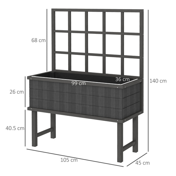 Wooden Raised Planter with Trellis for Vine Climbing Plants, Elevated Garden Bed with Drainage Holes and Bed Liner for Vegetables, Flowers, Herbs, 105 x 45 x 140cm, Grey