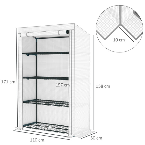 4 Tier Lean-to Mini Greenhouse with Reinforced PE Cover, Portable Small Greenhouse with Roll-Up Door, Grey Hemmed Edging, 110 x 50 x 171cm, Grey