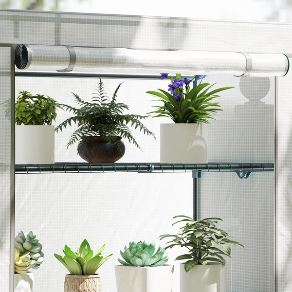 4 Tier Lean-to Mini Greenhouse with Reinforced PE Cover, Portable Small Greenhouse with Roll-Up Door, Grey Hemmed Edging, 110 x 50 x 171cm, Grey