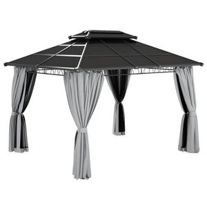 10' x 12' Outdoor Gazebo Canopy, Double Roof Hardtop Gazebo with Polycarbonate Roof, Steel Frame, Nettings and Curtains, for Garden, Lawn, Backyard and Deck, Light Grey