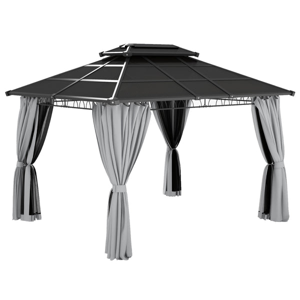 10' x 12' Outdoor Gazebo Canopy, Double Roof Hardtop Gazebo with Polycarbonate Roof, Steel Frame, Nettings and Curtains, for Garden, Lawn, Backyard and Deck, Light Grey