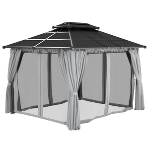 10' x 12' Outdoor Gazebo Canopy, Double Roof Hardtop Gazebo with Polycarbonate Roof, Steel Frame, Nettings and Curtains, for Garden, Lawn, Backyard and Deck, Light Grey