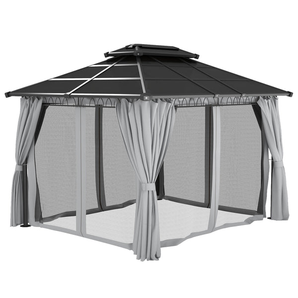 10' x 12' Outdoor Gazebo Canopy, Double Roof Hardtop Gazebo with Polycarbonate Roof, Steel Frame, Nettings and Curtains, for Garden, Lawn, Backyard and Deck, Light Grey