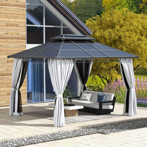 10' x 12' Outdoor Gazebo Canopy, Double Roof Hardtop Gazebo with Polycarbonate Roof, Steel Frame, Nettings and Curtains, for Garden, Lawn, Backyard and Deck, Light Grey