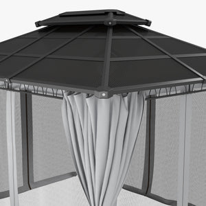 10' x 12' Outdoor Gazebo Canopy, Double Roof Hardtop Gazebo with Polycarbonate Roof, Steel Frame, Nettings and Curtains, for Garden, Lawn, Backyard and Deck, Light Grey