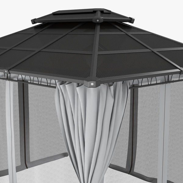 10' x 12' Outdoor Gazebo Canopy, Double Roof Hardtop Gazebo with Polycarbonate Roof, Steel Frame, Nettings and Curtains, for Garden, Lawn, Backyard and Deck, Light Grey