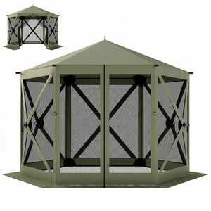 10 x 11 ft Pop Up Gazebo Screen Tent, Outdoor Portable Instant Camping Canopy Screen House Sun Shelter with Mesh Nettings, Carry Bag, Ground Stakes, Ropes for Patio, Backyard, Dark Green