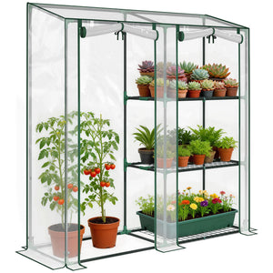 Mini Greenhouse, Portable Greenhouse with 3 Shelves, 2 Roll-up Doors, Garden Hot House for Patio Garden Backyard, 56.3" x 17.7" x 59.4", Clear