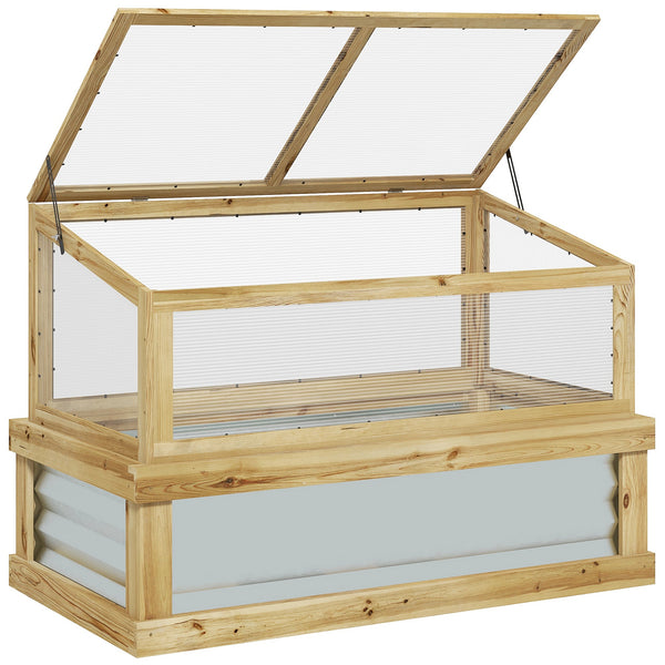 Outsunny Raised Garden Bed with Polycarbonate Greenhouse, Lean-to Garden Wooden Cold Frame Greenhouse, Flower Planter Protection, Lean to Roof, 41" x 22.5" x 28.25", Natural