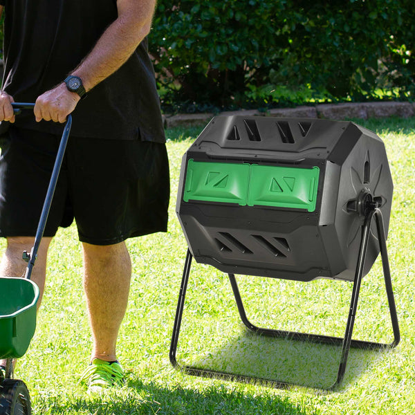 160L Tumbling Compost Bin Outdoor Dual Chamber 360° Rotating Composter, Garden Compost Bin w/ Sliding Doors & Solid Steel Frame, Black