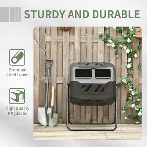 160L Tumbling Compost Bin Outdoor Dual Chamber 360° Rotating Composter, Garden Compost Bin w/ Sliding Doors & Solid Steel Frame, Black