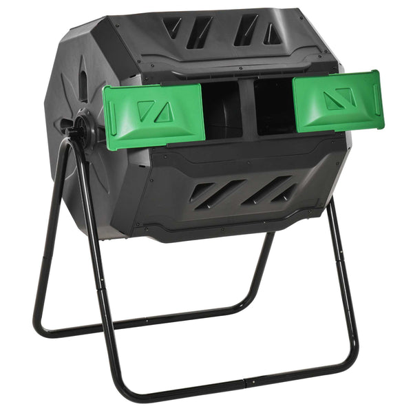160L Tumbling Compost Bin Outdoor Dual Chamber 360° Rotating Composter, Garden Compost Bin w/ Sliding Doors & Solid Steel Frame, Black