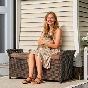 2-In-1 Patio Wicker Storage Bench, 29 Gallon Outdoor PE Rattan Patio Furniture, Large Capacity Rectangle Basket Box with Handles and Cushion, Tan