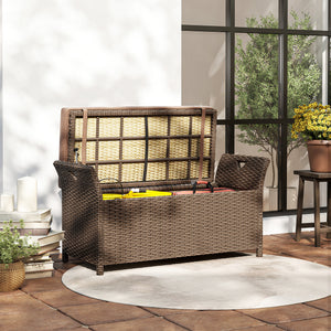 2-In-1 Patio Wicker Storage Bench, 29 Gallon Outdoor PE Rattan Patio Furniture, Large Capacity Rectangle Basket Box with Handles and Cushion, Tan