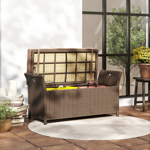2-In-1 Patio Wicker Storage Bench, 29 Gallon Outdoor PE Rattan Patio Furniture, Large Capacity Rectangle Basket Box with Handles and Cushion, Tan