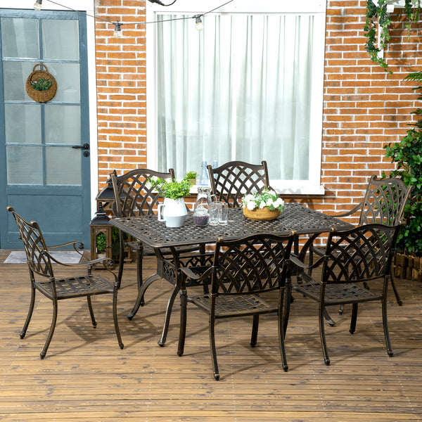 7 PCs Garden Patio Dining Set with Parasol Hole, Cast Aluminium Outdoor Furniture Set with Six Cushioned Chairs and Rectangle Dining Table, for Garden, Lawn, Deck, Bronze Tone
