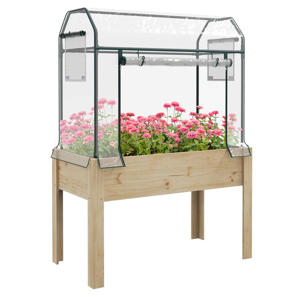 Wooden Raised Planter with Plastic Greenhouse Cover and Bed Liner, Elevated Garden Bed for Vegetables, Flowers, Herbs, 115 x 60 x 165cm, Clear