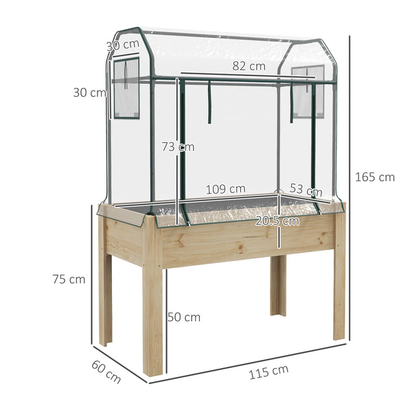 Wooden Raised Planter with Plastic Greenhouse Cover and Bed Liner, Elevated Garden Bed for Vegetables, Flowers, Herbs, 115 x 60 x 165cm, Clear