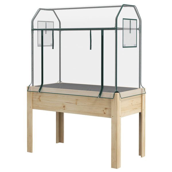 Wooden Raised Planter with Plastic Greenhouse Cover and Bed Liner, Elevated Garden Bed for Vegetables, Flowers, Herbs, 115 x 60 x 165cm, Clear
