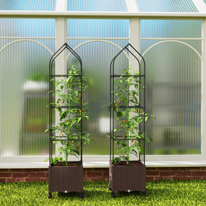 Raised Garden Bed with Trellis, Tomato Cage with Lockable Wheels, Self Watering Planter Box with Drainage Holes and Plugs for Outdoor Patio Climbing Plants, Vines, Vegetables, Flowers, Brown
