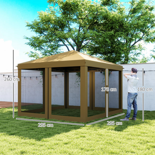 3 x 3 m Pop Up Gazebo, 420D Garden Tent Canopy with Removable Mesh Sidewall Netting, Carry Bag for Garden Patio Outdoor, Khaki